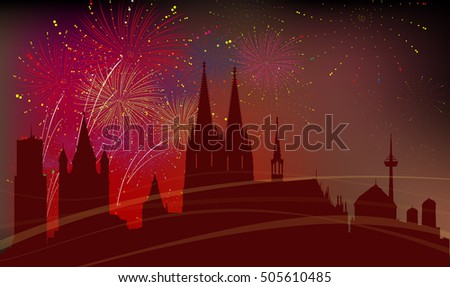 Cologne City Silhouette, Celebration Fireworks 