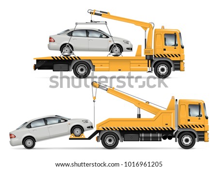 Tow truck vector mock-up. Isolated template of breakdown lorry. Vehicle branding mockup. Truck towing the car, side view. All elements in the groups on separate layers. Easy to edit and recolor