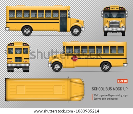 School bus vector mock-up. Isolated template of yellow city autobus on transparent background. Vehicle branding mockup, view from side, front, back and top