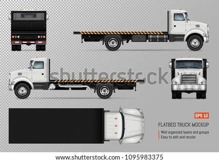 Flatbed truck vector mockup. Isolated template of the white lorry on transparent background for vehicle branding, corporate identity. View from left, right, front, back, and top sides