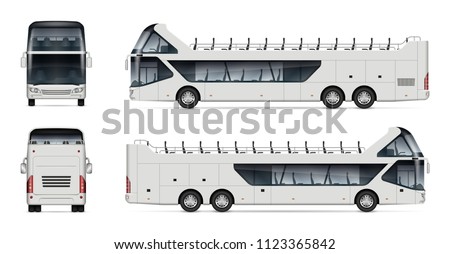 Open tour bus vector mockup on white background for vehicle branding, corporate identity. View from side, front, and back. All elements in the groups on separate layers for easy editing and recolor.