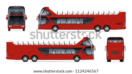 Open tour bus vector mockup on white background for vehicle branding, corporate identity. View from side, front, back. All elements in the groups on separate layers for easy editing and recolor.

