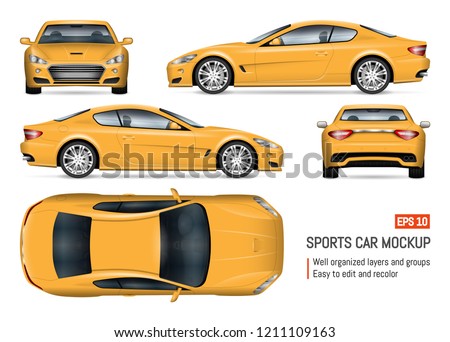Yellow car vector mockup on white background for vehicle branding, corporate identity. View from side, front, back, and top. All elements in the groups on separate layers for easy editing and recolor