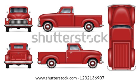 Retro car vector mockup on white background. Isolated red pickup truck view from side, front, back, top. All elements in the groups on separate layers for easy editing and recolor.