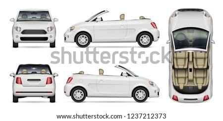 Mini convertible car vector mockup on white for vehicle branding, corporate identity. View from side, front, back, and top. All elements in the groups on separate layers for easy editing and recolor.