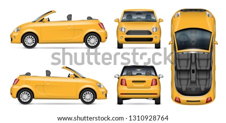 Yellow car vector mockup for vehicle branding, advertising, corporate identity. Isolated template of realistic convertible automobile on white background. All elements in the groups on separate layers