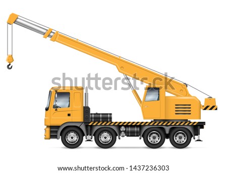 Crane truck with view from side isolated on white background. Construction vehicle vector mockup, easy editing and recolor.