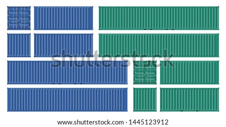Cargo containers vector mockup on white background with side, front, back and top view. All elements in the groups on separate layers for easy editing and recolor