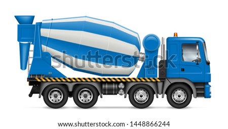 Concrete mixer truck with view from side isolated on white background. Construction vehicle vector mockup, easy editing and recolor