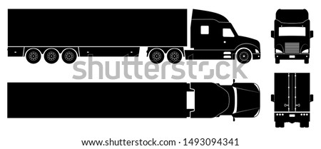 Semi trailer truck silhouette on white background. Vehicle icons set view from side, front, back, and top