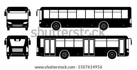 City bus silhouette on white background. Vehicle icons set view from side, front, and back