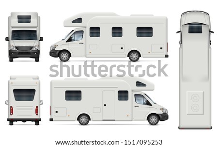 Recreational vehicle vector mockup. Isolated template of camper van on white for vehicle branding, corporate identity. View from left, right, front, back, and top sides, easy editing and recolor