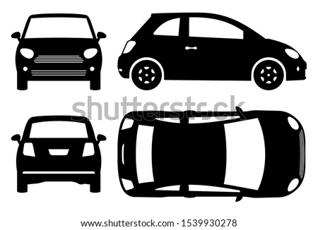 Small car silhouette on white background. Vehicle icons set view from side, front, back, and top