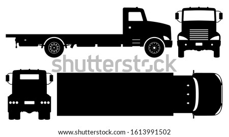 Flatbed truck silhouette on white background. Vehicle icons set view from side, front, back, and top