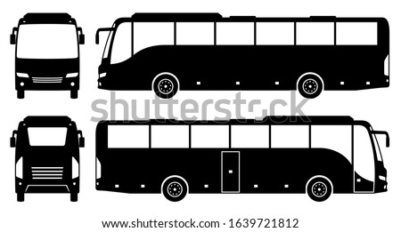 Tourist bus silhouette on white background. Vehicle icons set view from side, front, and back