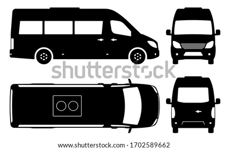 Passenger van or minibus silhouette on white background. Vehicle icons set view from side, front, back and top