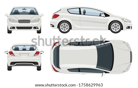 White hatchback car vector template with simple colors without gradients and effects. View from side, front, back, and top. 