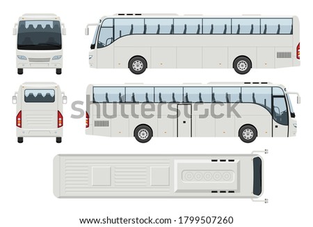 Coach bus vector template with simple colors without gradients and effects. View from side, front, back, and top