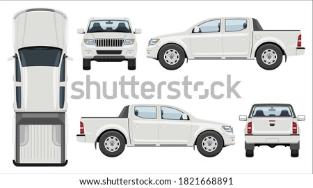 White pickup truck vector template with simple colors without gradients and effects. View from side, front, back, and top