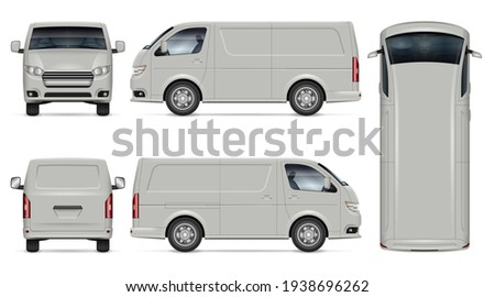 Van vector mockup on white background for vehicle branding, corporate identity. View from side, front, back, top. All elements in the groups on separate layers for easy editing and recolor