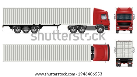 Container truck vector mockup on white for vehicle branding, corporate identity. View from side, front, back and top. All elements in the groups on separate layers for easy editing and recolor