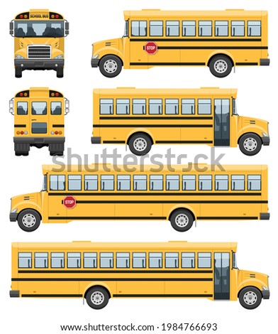 School buses vector template with simple colors without gradients and effects. View from side, front and back