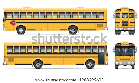 School bus vector mockup. Isolated template of schoolbus on white for vehicle branding, corporate identity. View from side, front, back. All elements in the groups on separate layers for easy editing
