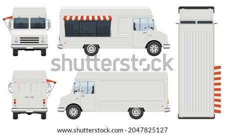 Food truck vector template with simple colors without gradients and effects. View from side, front, back, and top