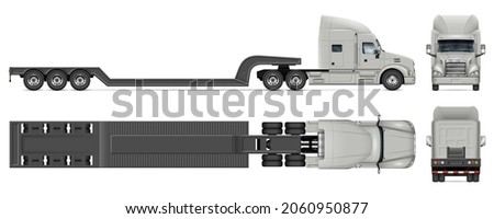 Lowboy trailer truck vector mockup on white for vehicle branding, corporate identity. View from side, front, back and top. All elements in the groups on separate layers for easy editing and recolor