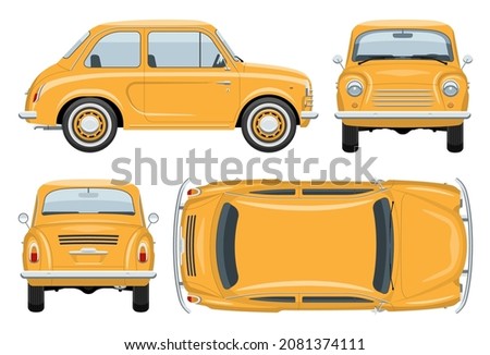 Vintage car vector template with simple colors without gradients and effects. View from side, front, back, and top
