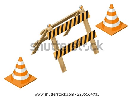 Road barrier with cone isometric vector illustration. Under construction fence concept isolated on white background.