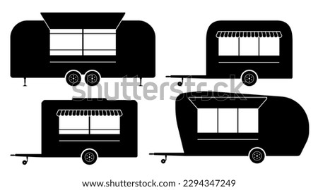 Food trailers silhouette on white background vector illustration. Food trucks icons set view from side