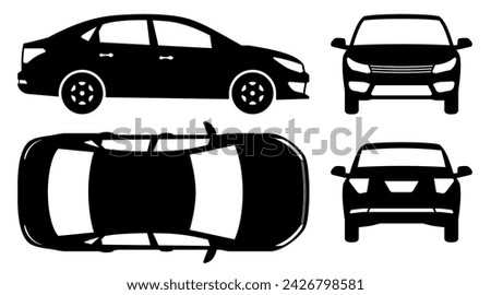 Car silhouette on a white background. Vehicle icons set view from the side, front, back, and top