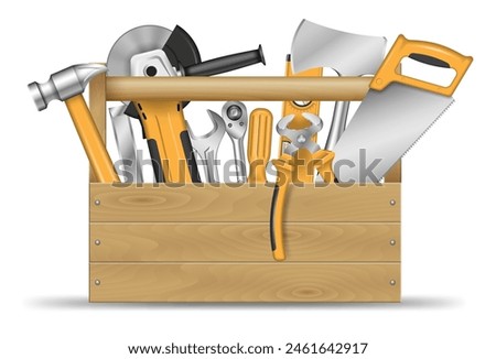 Wooden box filled with hand tools for DIY repair and construction. Vector illustration of repair kit isolated on a white background.