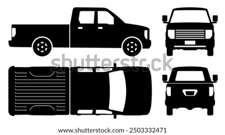 Pickup truck silhouette on white background. Vehicle icons set view from the side, front and back.