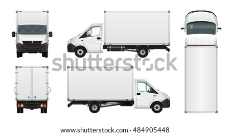 Van vector mock-up. Isolated template of box truck on white background. Vehicle branding mockup. Side, front, back, top view. All elements in the groups on separate layers. Easy to edit and recolor.