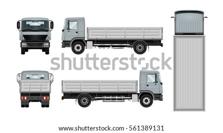 Flatbed truck vector template. Isolated lorry mock up on white background. The ability to easily change the color. All elements in the groups on separate layers. View from side, back, front and top.