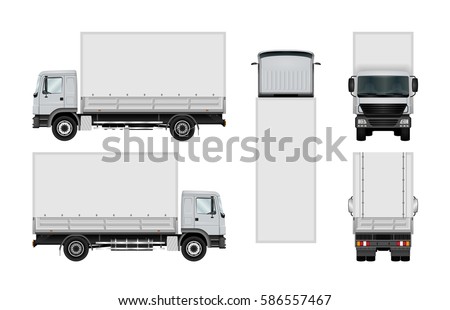Truck vector mock-up. Isolated template of box lorry on white background. Vehicle branding mockup. Side, front, back, top view. All elements in the groups on separate layers. Easy to edit and recolor.