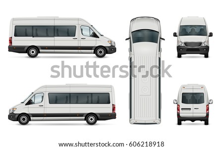 Van vector template. Isolated passenger mini bus for corporate identity and advertising. All layers and groups well organized for easy editing. View from side, front, back and top.