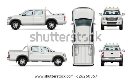 Pickup truck vector template for car branding and advertising. Isolated car set on white background. All layers and groups well organized for easy editing and recolor. View from side, front, back, top