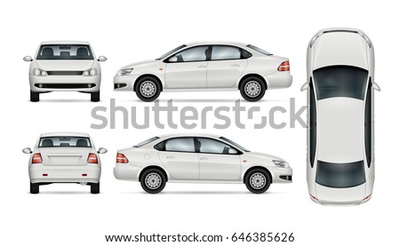 White car template for car branding and advertising. Isolated sedan on white background. All layers and groups well organized for easy editing and recolor. View from side; front; back; top.