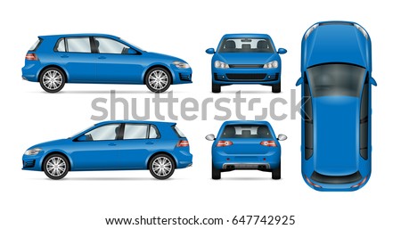 Blue vector car on white, template for car branding and advertising. Isolated hatchback set. All layers and groups well organized for easy editing and recolor. View from side, front, back, top