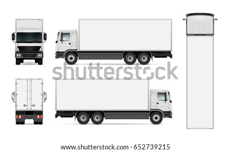 Semi truck template for car branding and advertising. Isolated cargo vehicle set on white. All layers and groups well organized for easy editing and recolor. View from side, front, back, top.