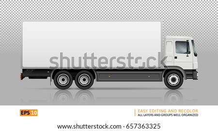 Semi truck template for car branding and advertising. Isolated cargo vehicle on transparent background. All layers and groups well organized for easy editing and recolor. View from right side.