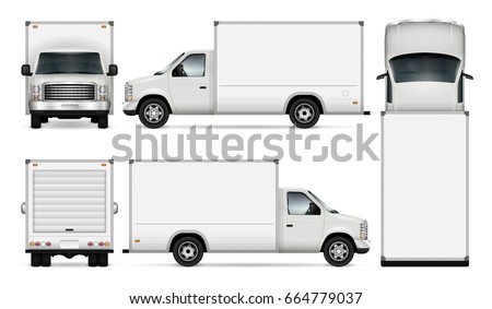 Van template for car branding and advertising. Isolated freight delivery truck set on white. All layers and groups well organized for easy editing and recolor. View from side, front, back, top.