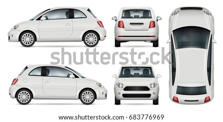 Mini car vector template for car branding and advertising. Isolated minicar set on white background. All layers and groups well organized for easy editing and recolor. View from side, front, back, top