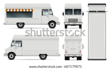 Food truck vector template for car branding and advertising. Isolated delivery van illustration on white. All layers and groups well organized for easy editing. View from side, front, back and top.