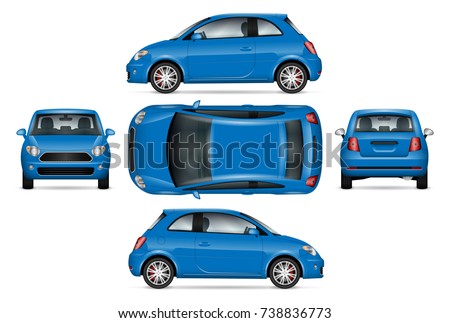 Blue mini car vector mock-up for advertising, corporate identity. Isolated template of  the small car on white. Vehicle branding mockup. Easy to edit and recolor. View from side, front, back and top.