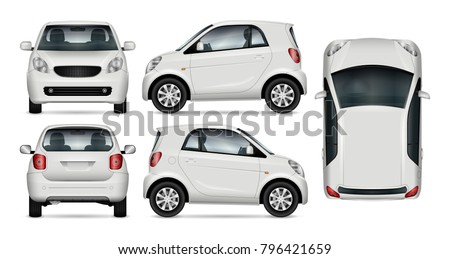 Compact car vector mock up for advertising, corporate identity. Isolated template of small car on white background. Vehicle branding mockup. Easy to edit and recolor. View from side, front, back, top.