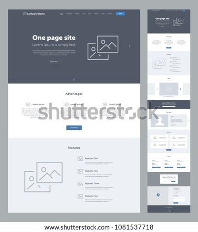 One page website design template for business. Landing page wireframe. Flat modern responsive design. Ux ui website: home, advantages, features, video, team, partners, prices, contacts, email, form.